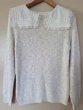 VTG 80s Sweater M Cream Nubby Textured Knit Lace Sailor Collar Silk Grannycore